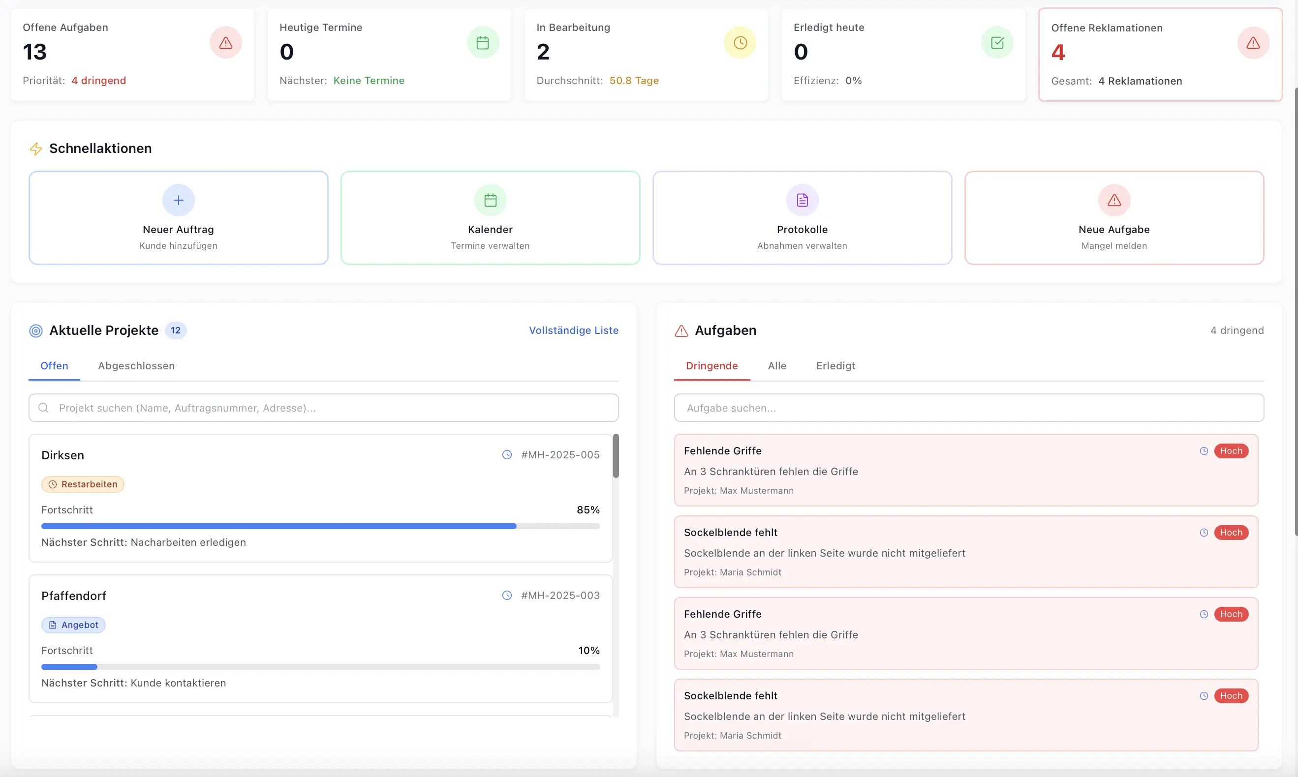 Auftragsverwaltung Dashboard – Übersicht in MontageHUB